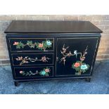 A DECORATIVE LACQUERED CABINET decorated with a bird and foliage, fitted with cupboard, drop-down