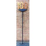RAILWAYANA - A BRITISH RAILWAYS SPEED RESTRICTION SIGN, '100' on a metal stake post, overall 289cm