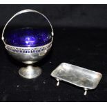 SMALL SILVER PEDESTAL BASKET With a small silver footed tray, the basket with pierced pattern