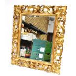 A BEVEL EDGED WALL MIRROR in Florentine style carved wooden gilt frame, 64cm x 52cm overall, the
