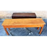 AN EDWARDIAN MAHOGANY DUET STOOL 99cm wide 31cm deep 36cm high; together with another pine bench