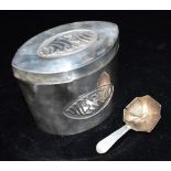 EDWARDIAN SILVER CADDY With silver caddy spoon the caddy with embossed pattern to side and lid,