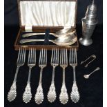 A SILVER SUGAR SIFTER AND PLATED FLATWARE the silver sifter standing 18cm tall, hallmarked for