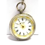 RL COZENS TAUNTON LADIES Silver open face pocket watch and chain, signed white enamel with gilt
