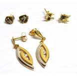 THREE PAIRS OF EARRINGS Gem and stone set, in yellow and white metal, 2 x stud earrings (pairs) 1