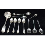 ASSORTED SILVER SPOONS A 19th century silver strainer spoon (berry design bowl), four Albany tip tea