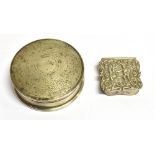 TWO SILVER VANITY/PILL POTS a circular vanity or trinket pot with engine turned pattern to the