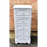 A PAINTED PINE MARBLE TOPPED BEDSIDE CHEST fitted with five drawers, 38cm wide 33cm deep 87cm high