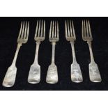 A COLLECTION OF CRESTED SILVER 19th century fiddle pattern forks (5) To include Exeter Hallmark,