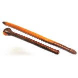 ETHNOGRAPHICA / TRIBAL ART - TWO AFRICAN CARVED HARDWOOD CLUBS the largest 73cm long.