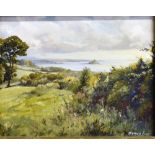DENYS LAW (1907-1981) Cornish Landcape with Mounts Bay and St Michaels Mount in background Oil on