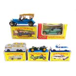 FIVE MATCHBOX DIECAST MODEL VEHICLES comprising a 1-75 Series No.19, Lotus Racing Car, green with