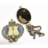 THREE ITEMS OF CAT JEWELLERY A Stamped 925 Marcasite and paste set cat brooch, fitted with a