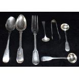 ASSORTED 19TH CENTURY AND LATER SILVER FLATWARE to include sugar nips, weight 198g, 6 Troy oz