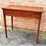 AN EDWARDIAN MAHOGANY SIDE TABLE with frieze drawer, on square tapering supports, 91cm wide 49cm