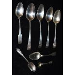 ASSORTED 19TH CENTURY AND LATER SILVER SPOONS To include two Irish rat tail dessert spoons, total