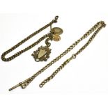 TWO WHITE METAL WATCH CHAINS Both with T bars, one with other attachments, all faded markings,