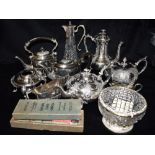 AN EXTENSIVE COLLECTION OF SILVER PLATE AND EPNS To include Tea sets, glass and metal ware