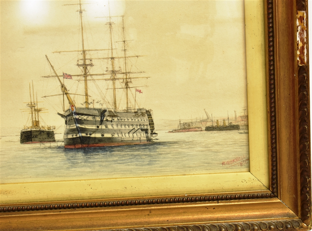 R GURNELL (19TH CENTURY) HMS Victory Watercolour Signed and dated 1896 lower right 23cm x 20.5cm - Image 3 of 4