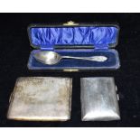 THREE ITEMS OF SILVER Silver cigarette case, 9.5 x 7.5cm approx., silver card case, 7.5 x 6cm, a