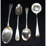 THREE SILVER SPOONS various sizes and hallmarks, together with a ladle, total weight 5.7ozt