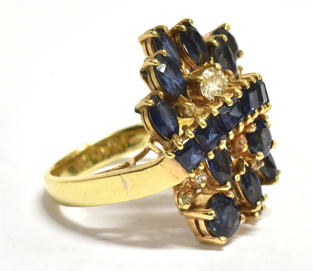 STAMPED 18K SAPPHIRE CLUSTER RING The large cluster (to include one small diamond) measuring 2.5 x - Image 2 of 4
