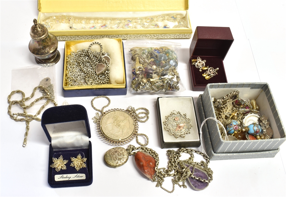 A COLLECTION OF EARLY-LATE 20TH CENTURY JEWELLERY to include silver, numerous items contained in a