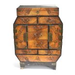 A JAPANESE METAL BOUND TABLE TOP CABINET with parquetry decoration, with lifting lid and an