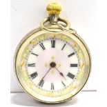 LADIES SILVER OPEN FACED POCKET WATCH Anonymous white enamel face, gilt patterned border, black