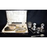 A COLLECTION OF SILVER comprising an egg cup, a cased dressing table set etc, total weight of