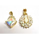 TWO MARKED 9/375 PENDANT PIECES A white pin fire opal flower pendant, length including bale 2.2cm,