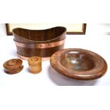 [TREEN] A COPPER BOUND COOPERED OAK TROUGH 24cm wide; a turned burr wood bowl 19cm diameter and
