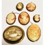 SEVEN ITEMS OF CAMEO JEWELLERY In a variety of styles, metals to include silver, pendants and