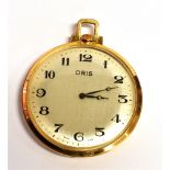ORRIS OPEN FACED POCKET WATCH Signed dial, black Roman numerals, yellow metal plain snap on case,