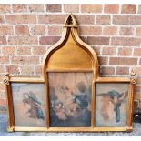 A GILT TRIPTYCH FRAME with stipple engravings of angels, 97cm wide 88cm high overall