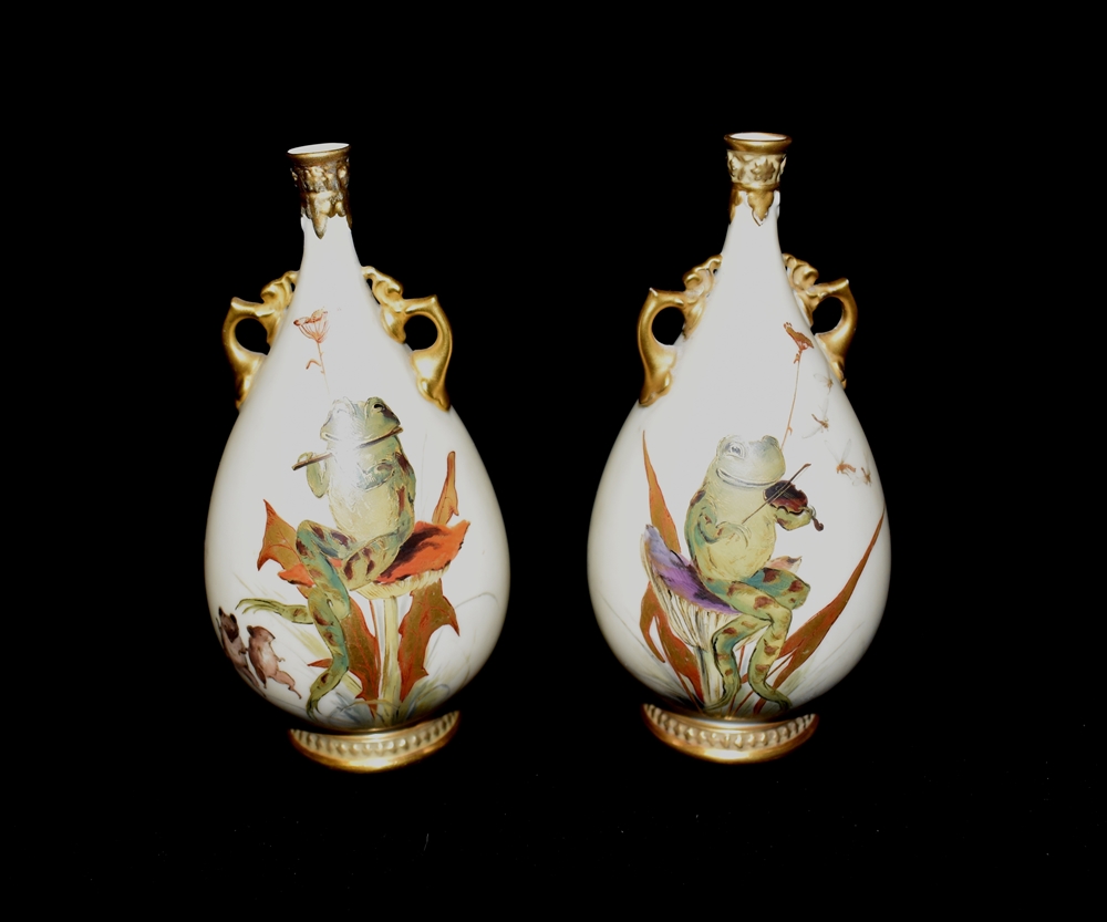 A PAIR OF ROYAL WORCESTER BLUSH IVORY VASES with painted decoration of frogs seated on toadstools,