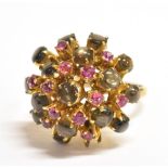 GEM SET BOMBE RING The Bombe set with pink sapphires and dark greyish quartz, bombe measurement