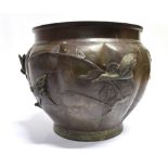 A JAPANESE BRONZE JARDINIERE of lobed form, relief decorated with birds, 32cm diameter, 25cm high