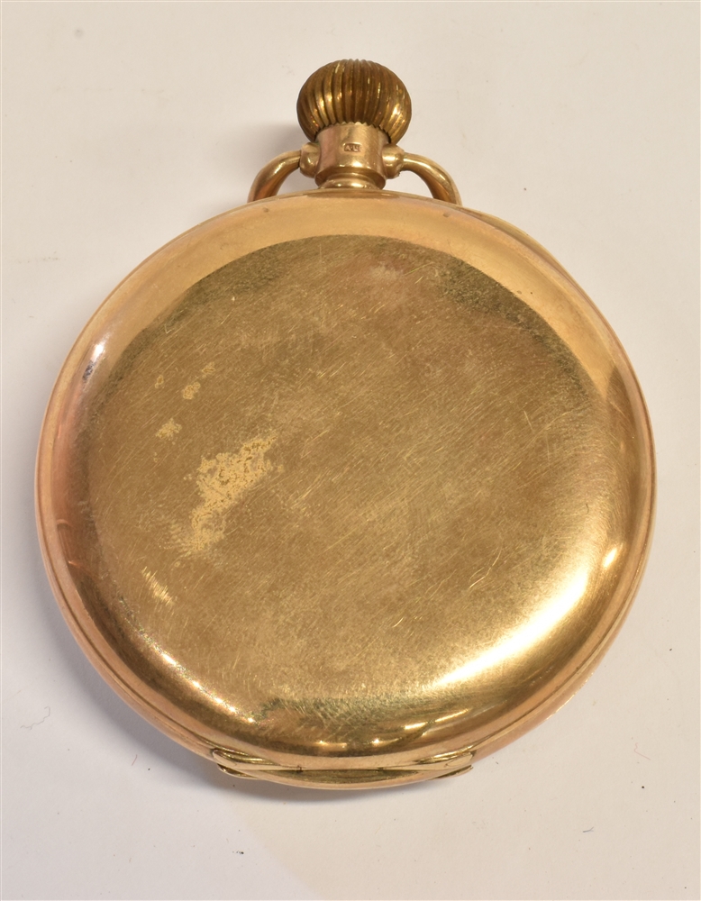 VERTEX:- A 9CT GOLD CASED VERTEX OPEN FACED POCKET WATCH The signed white enamel dial with black - Image 3 of 4