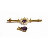 9CT GOLD PENDANT AND BROOCH The bar brooch centrally set with an Amethyst and seed pearl flower