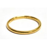 YELLOW METAL BAND RING Rubbed hallmark, appears to be 22CT (?), width 2mm, size K, weight 1.5g