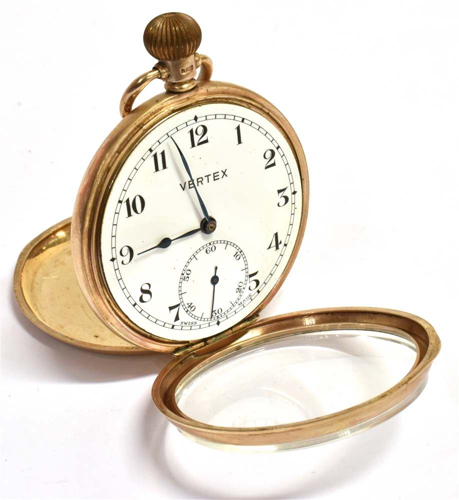 VERTEX:- A 9CT GOLD CASED VERTEX OPEN FACED POCKET WATCH The signed white enamel dial with black