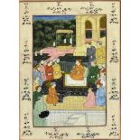 AN INDIAN MINATURE GOUACHE PAINTING ON SILK depicting a group of figures before a building, within