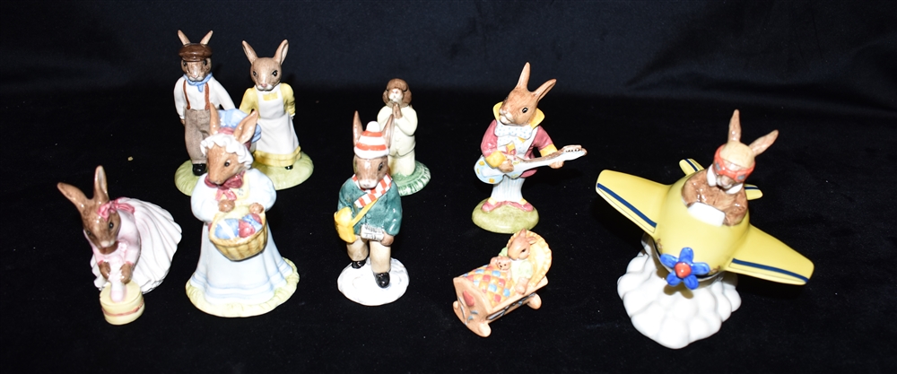 EIGHT UNBOXED ROYAL DOULTON BUNNYKINS FIGURINES: 'Ballerina'; 'Chocs Away'; 'Jack and Gill'; 'Mr