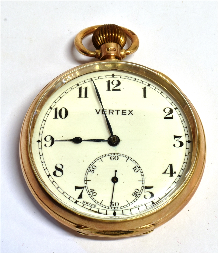 VERTEX:- A 9CT GOLD CASED VERTEX OPEN FACED POCKET WATCH The signed white enamel dial with black - Image 2 of 4