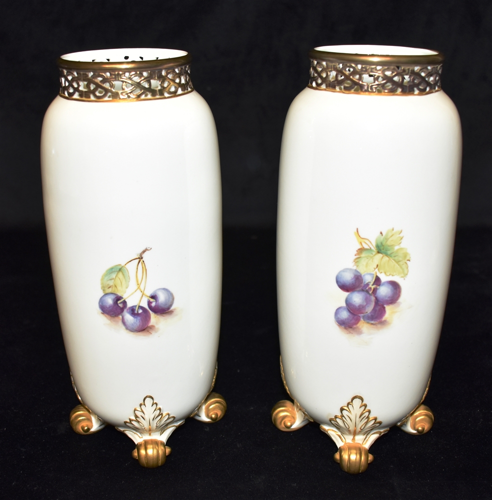 A PAIR OF ROYAL WORCESTER VASES of cylindrical form with reticulated gilt collars, shape G42, with - Image 2 of 4