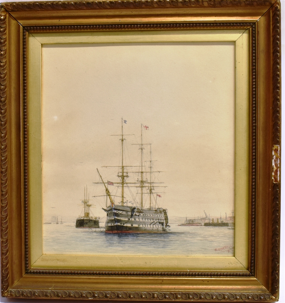 R GURNELL (19TH CENTURY) HMS Victory Watercolour Signed and dated 1896 lower right 23cm x 20.5cm - Image 2 of 4