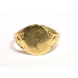 9CT GOLD SIGNET RING Plain bezel, patterned shoulders, worn hallmark, ring size U, weight 3.7g