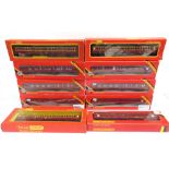 [OO GAUGE]. TEN ASSORTED HORNBY L.M.S. COACHES all in lined maroon livery, each boxed (three in