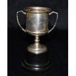 ANTIQUE SILVER GOLF CUP Stands approx 15cm on plinth, hallmarked Birmingham 1937. Engraved 'Old